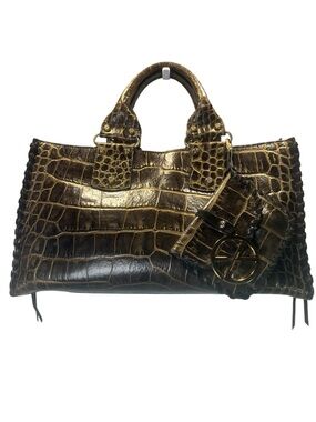 Vintage Francesco Biasia Croc Whipstitch Trimmed Top Handle Satchel W/ Pouch Y2K